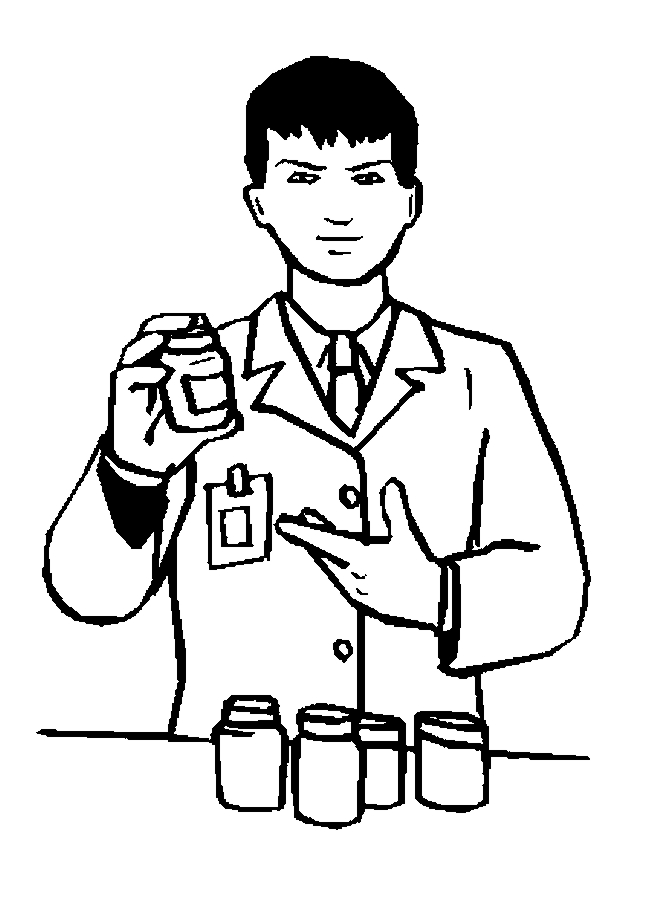 Online coloring book: Coloring page pharmacist with drugs